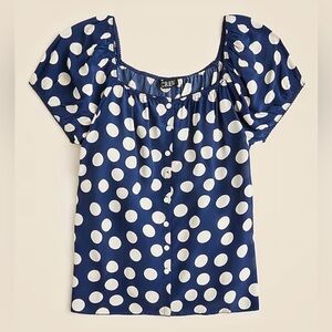 J. Crew Cap-Sleeve Navy and White Polka Dot Blouse in Crepe de Chine